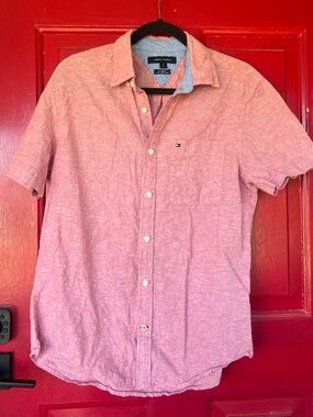 Tommy Hilfiger Linen Men's Medium Salmon Short Sleeve Button Up Shirt Breathable